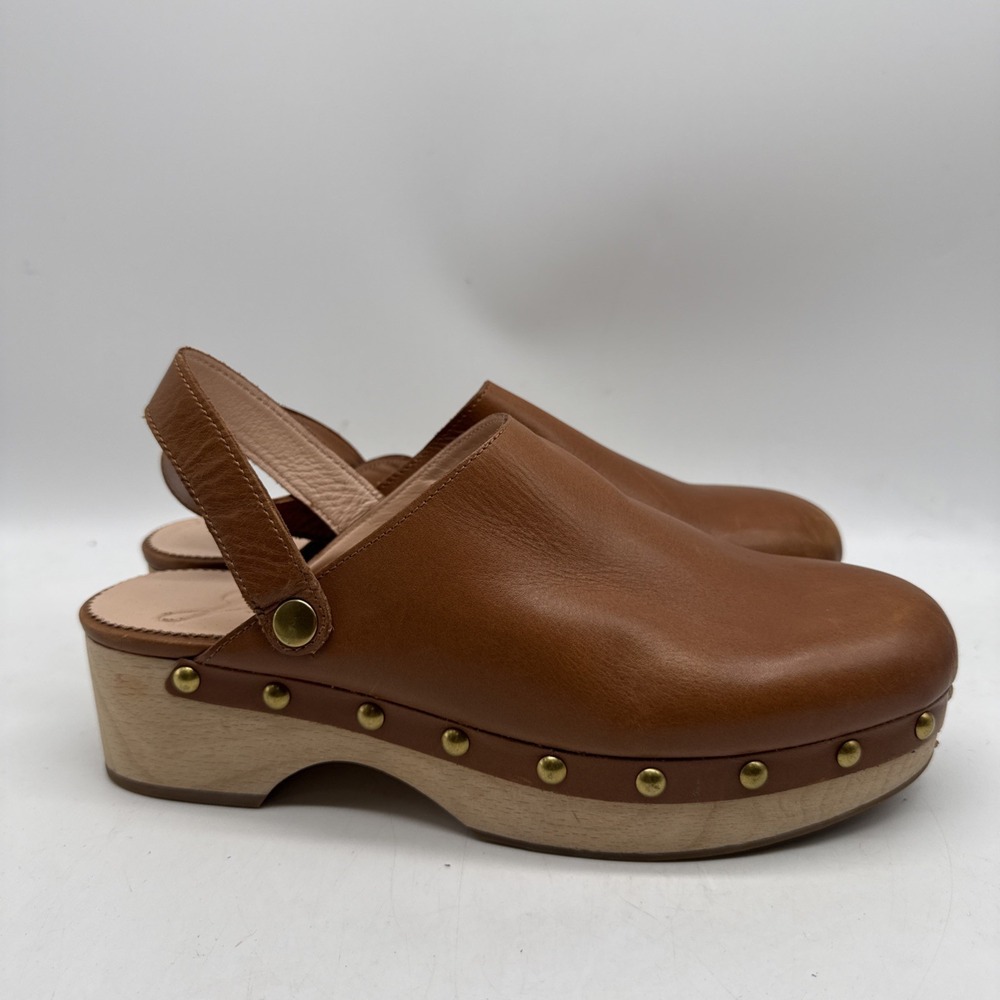 J Crew Heel Clog 8.5 Brown Grace Leather Wooden Sole Convertible‎ Strap